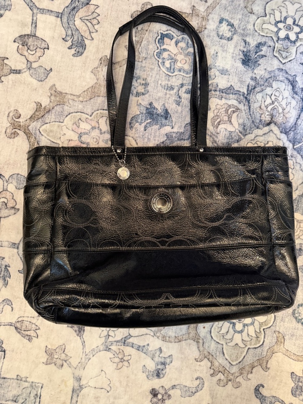 Coach Black Patent Leather Signature Tote with Medallion Charm